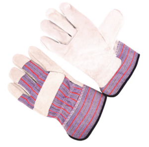 Economy grade, stripe fabric back, plasticized safety cuff, lined palm