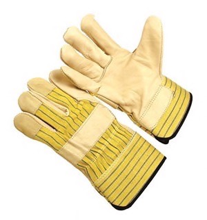 Regular grade grain leather palm, stripe fabric back, 2.5' rubberized cuff