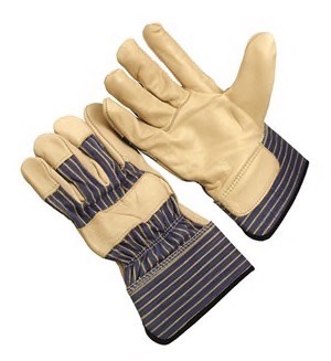 Premium grain leather palm, stripe fabric back, 2.5" rubberized cuff