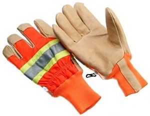 Premium grain pigskin leather palm, lined, high visibility, orange back and knit wrist, reflective knuckle strap