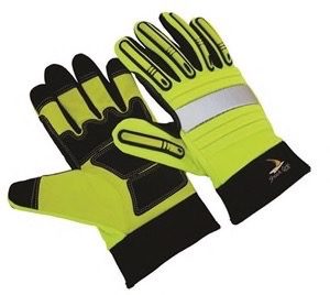 Green hivis, molded TPR fingers, synthetic leather, EVA foam palm padding, slip on style
