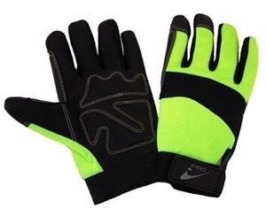 Green hivis mechanics glove, black synthetic leather, foam padding