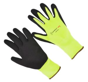 15G Hivis green nylon/spandex liner,sandy nitrile coated.