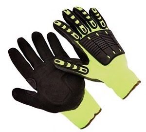 13 gauge hi-vis green polyester shell, black sandy nitrile