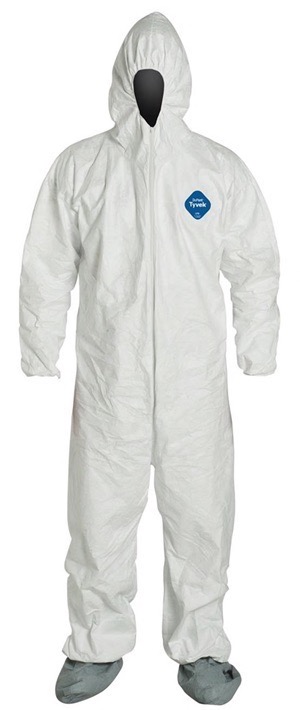 Coverall, zipper, attached hood and boots, elastic wrists