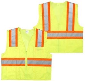 Surveyor's vest, class II, yellow, silver on orange backing, solid front, mesh back, 4 pockets, zipper