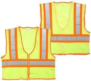 Yellow mesh, reflective tape, inside pocket, orange trim, zipper, class II