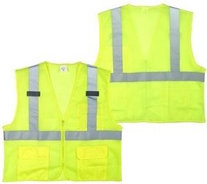 Yellow mesh, reflective tape, outside pockets, zipper, class II