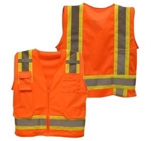 Orange, 100% polyester solid front and mesh back, class II, 6 pockets