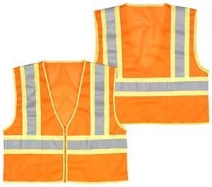 Orange mesh, reflective tape, inside pocket, yellow trim, zipper, class II