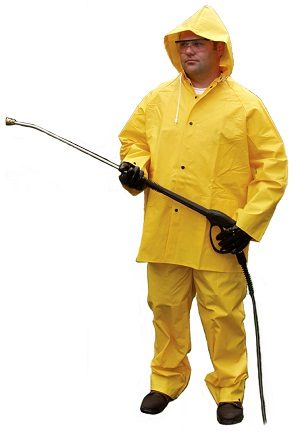 Fire resistant 3 piece yellow rainsuit, .35 mm, PVC/polyester, detachable hood