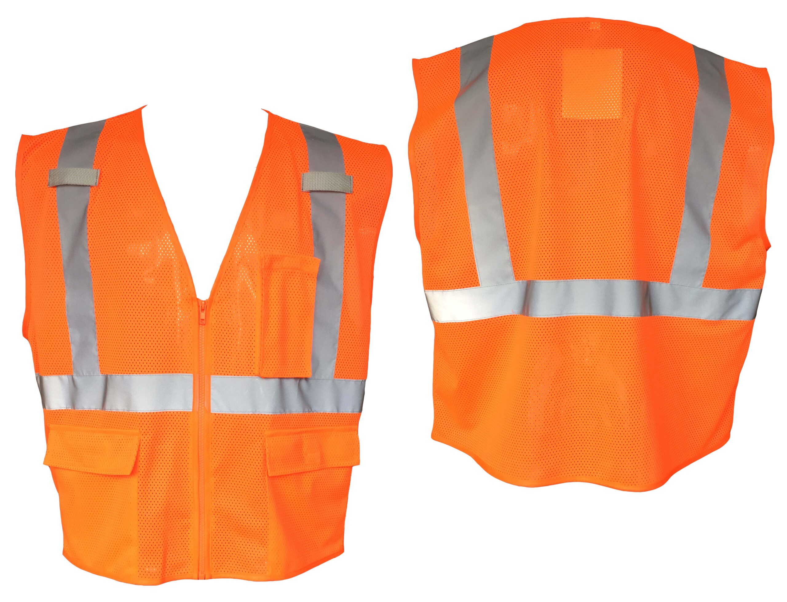 Orange mesh, zipper, silver reflective stripes, four pockets