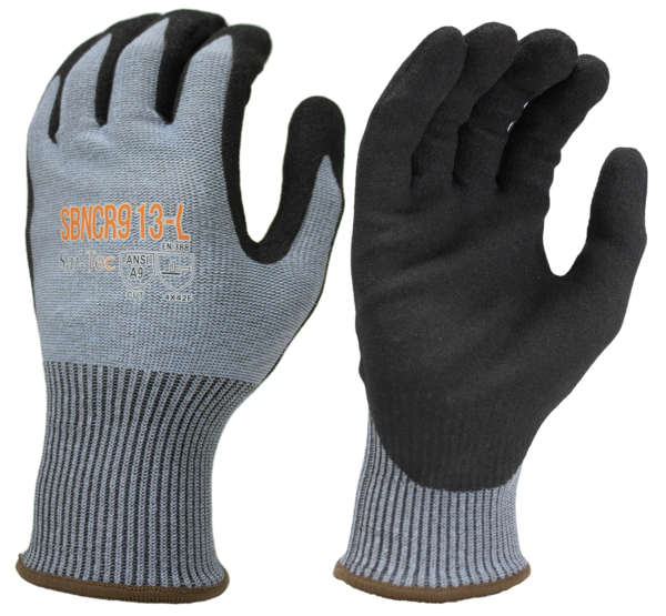 Black sandy foam nitrile coated palm, 13 gauge cut level A9 liner