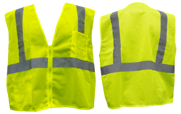 Yellow mesh, silver reflective tape, two pockets, zipper