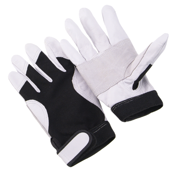 Split goatskin mechanics glove, double palm, black spandex back