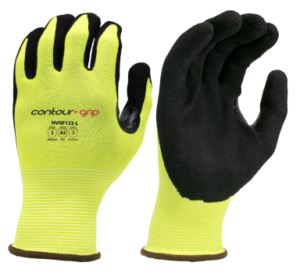 13 gauge Hivis green nylon/spandex liner, sandy nitrile coated, Cut level A3, touch screen compatible