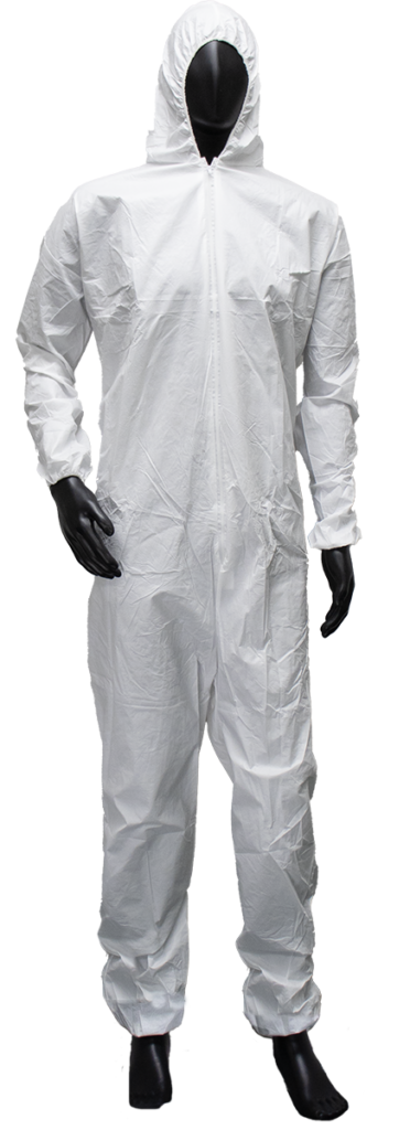 Microporous coverall with attached hood, elastic wrists and ankles
