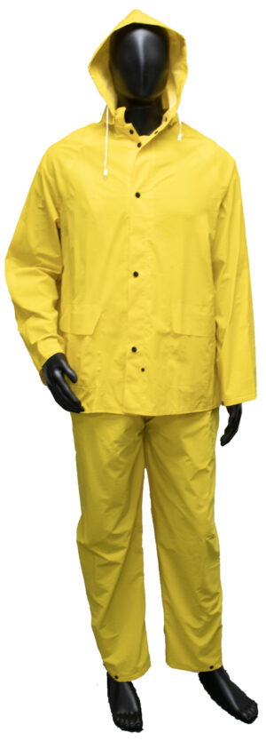 3 piece yellow rainsuit, PVC/polyester, detachable hood