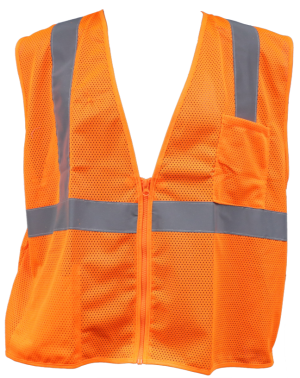 Orange mesh, silver reflective tape, two pockets, zipper