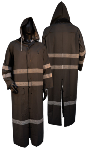 Fire resistant 60 inch black raincoat, reflective stripes