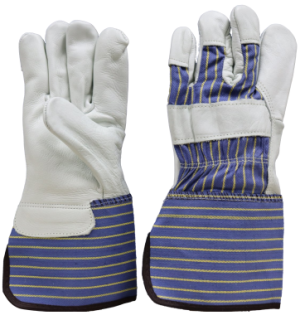 Premium grain leather palm, stripe fabric back, 4.5" rubberized cuff